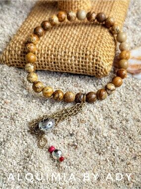 TASSELS 🤠Picture jasper beaded bracelet + boho charms